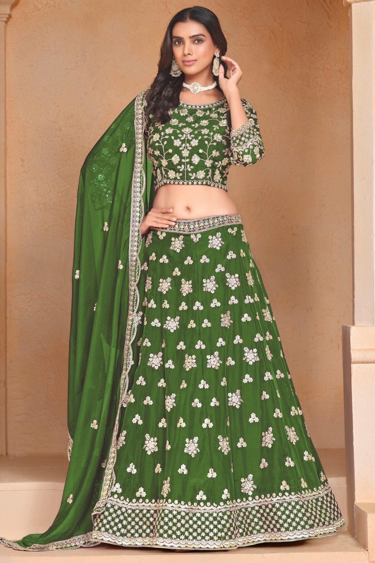 Fern Green Designer Party Lehenga Set With Sequin And Zari Work