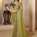 Apple Green Organza Satin Wedding Saree With Blouse Piece