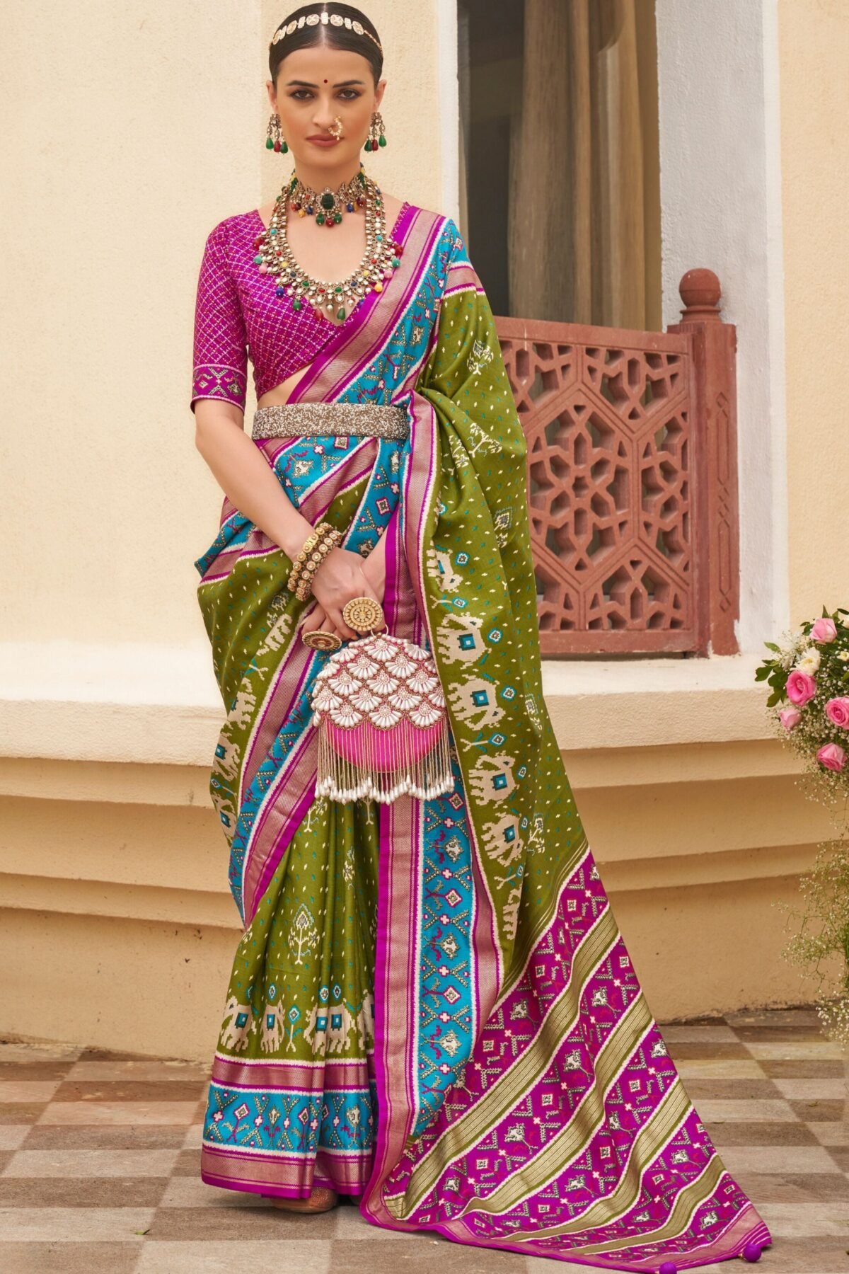 Olive Green Silk Blended Saree