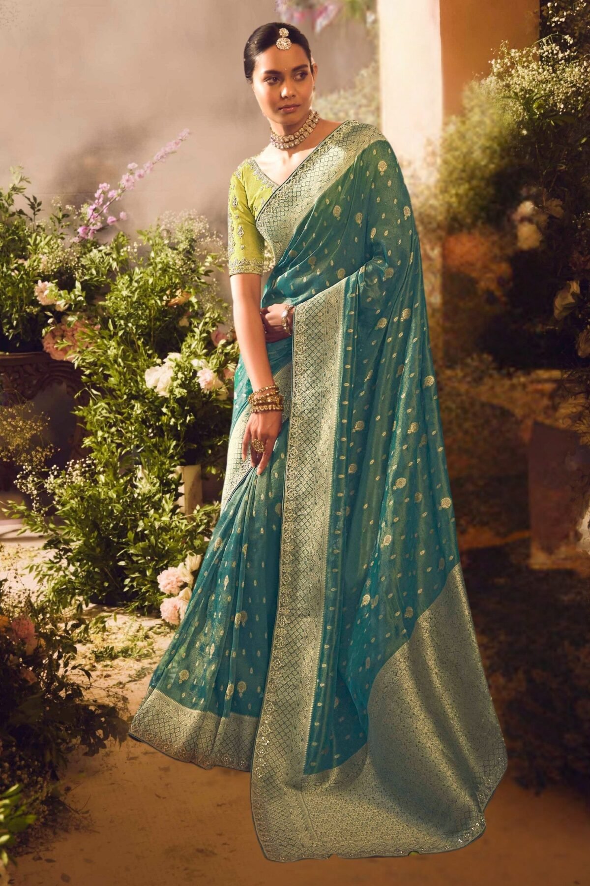 Pine Green Wedding And Celebration Saree