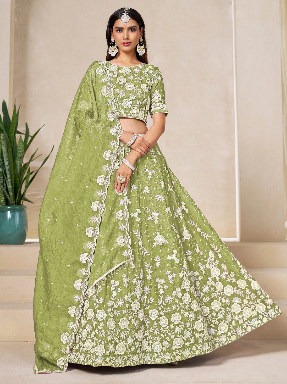 Jade Green Premium Festive Lehenga Set With Sequin And Zari Work