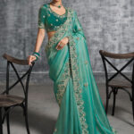 Persian Green Premium Zari Tissue Silk Saree With Blouse Piece