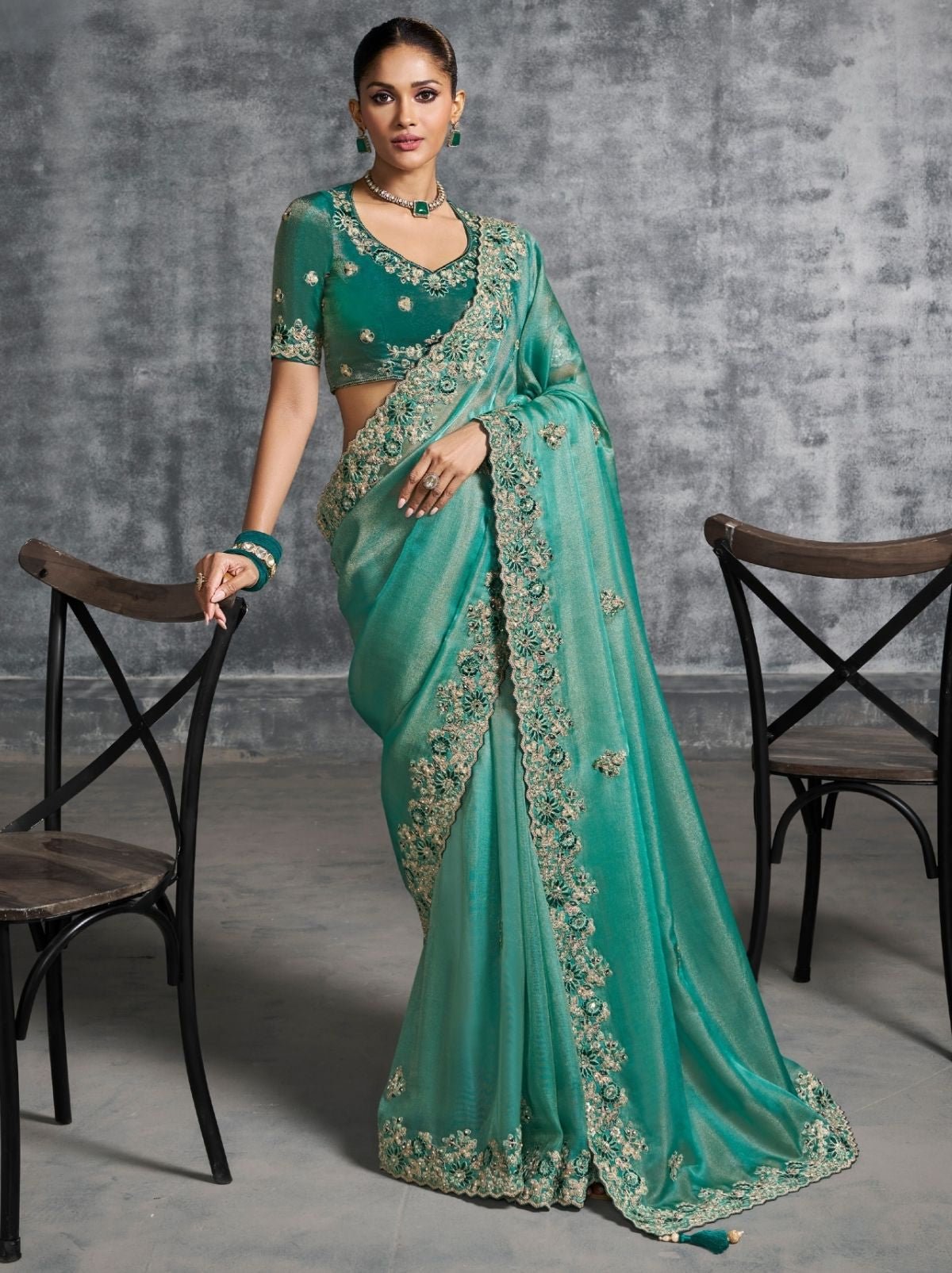 Persian Green Premium Zari Tissue Silk Saree With Blouse Piece