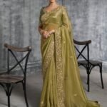 Olive Green Premium Zari Tissue Silk Saree With Tassels