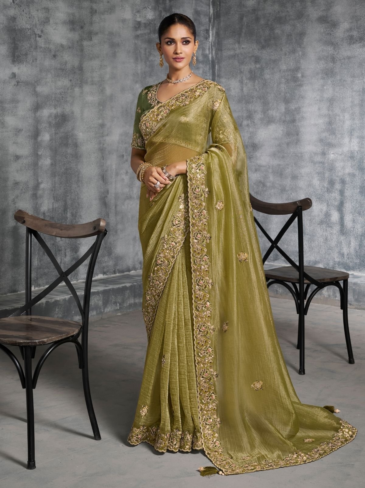 Olive Green Premium Zari Tissue Silk Saree With Tassels