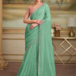 Mint Green Tissue Crush Georgette Silk Saree With Sequin & Thread Work