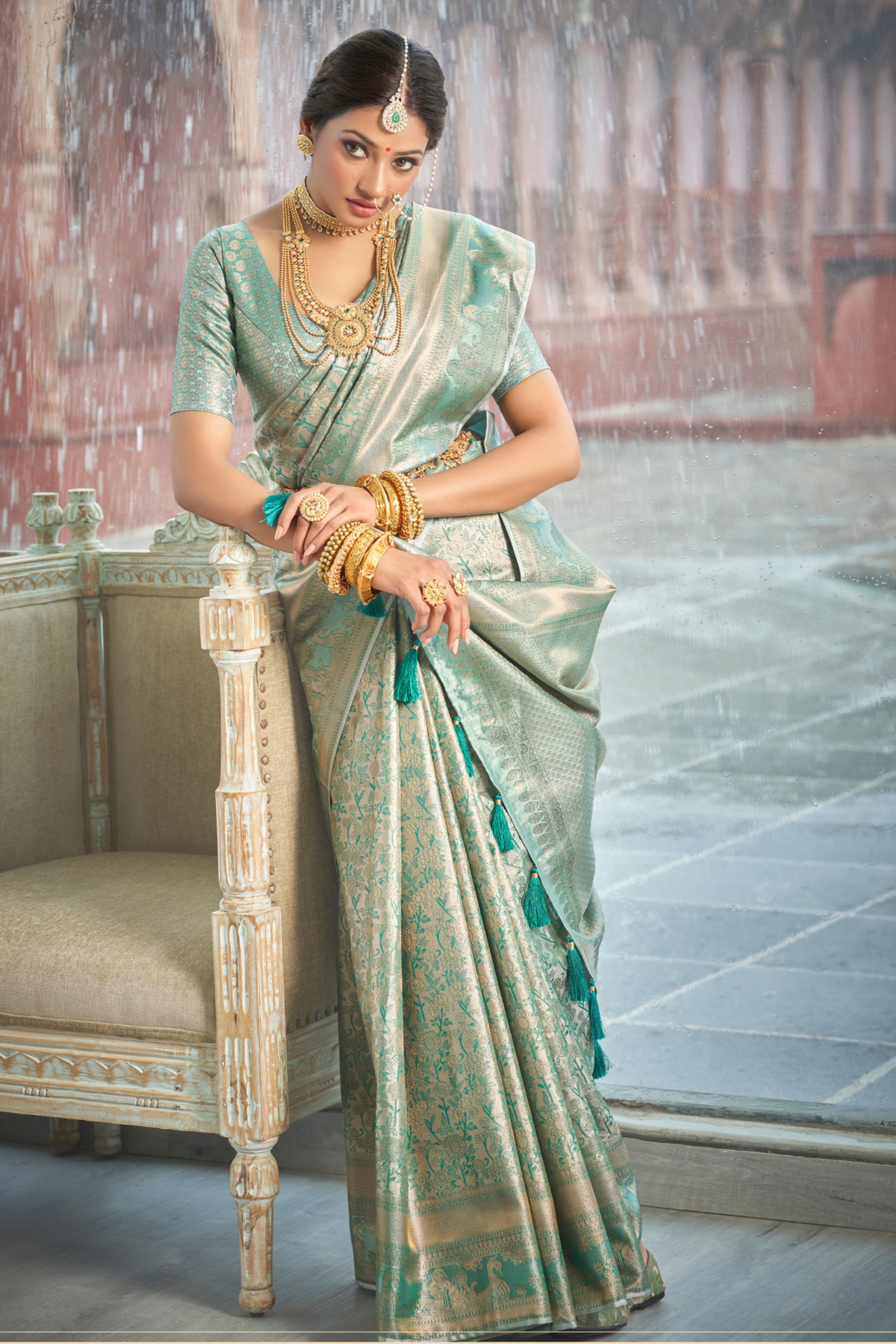 Turquoise Green Banarasi Silk Wedding Saree With Blouse Piece