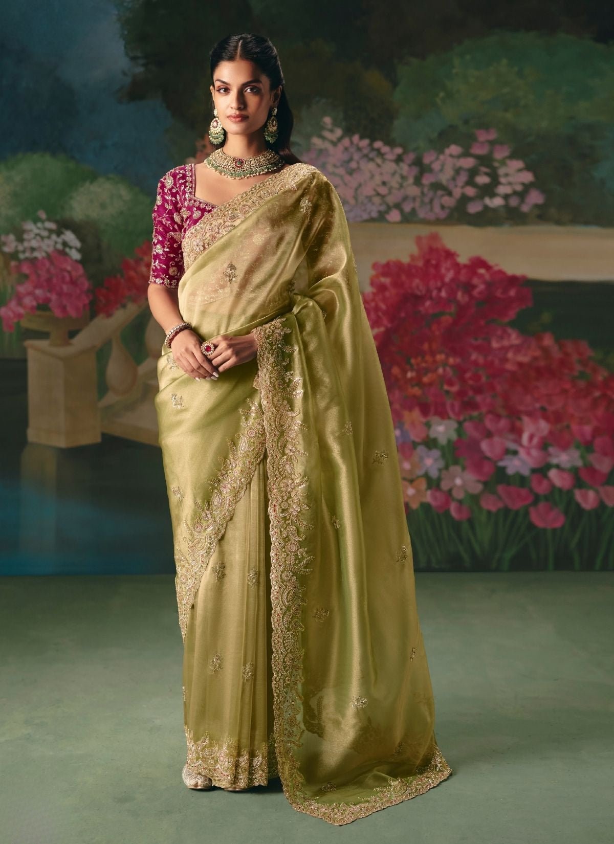 Apple Green Wedding & Party Fancy Saree With Premium Blouse Piece