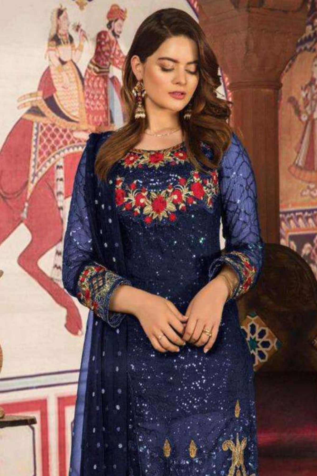 Hand Embroidered Art Silk  Suit in Navy Blue