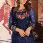 Hand Embroidered Art Silk  Suit in Navy Blue