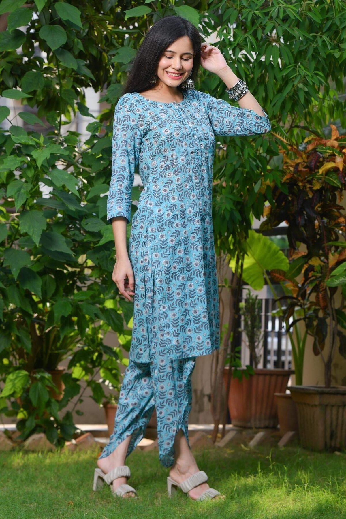 Teal Blue Handblock Cotton Dhoti Set