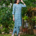 Teal Blue Handblock Cotton Dhoti Set