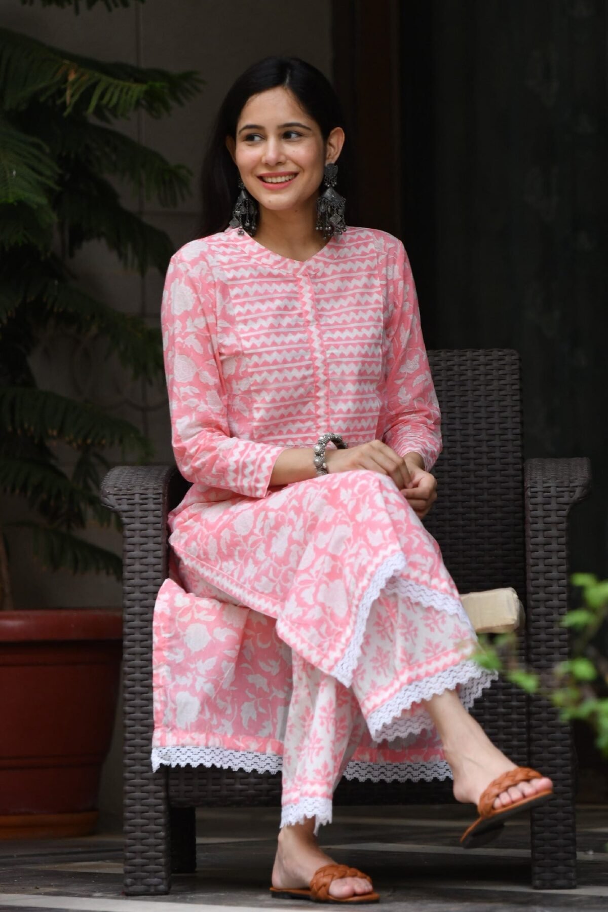 Peach Cotton Handblock Kurta Set