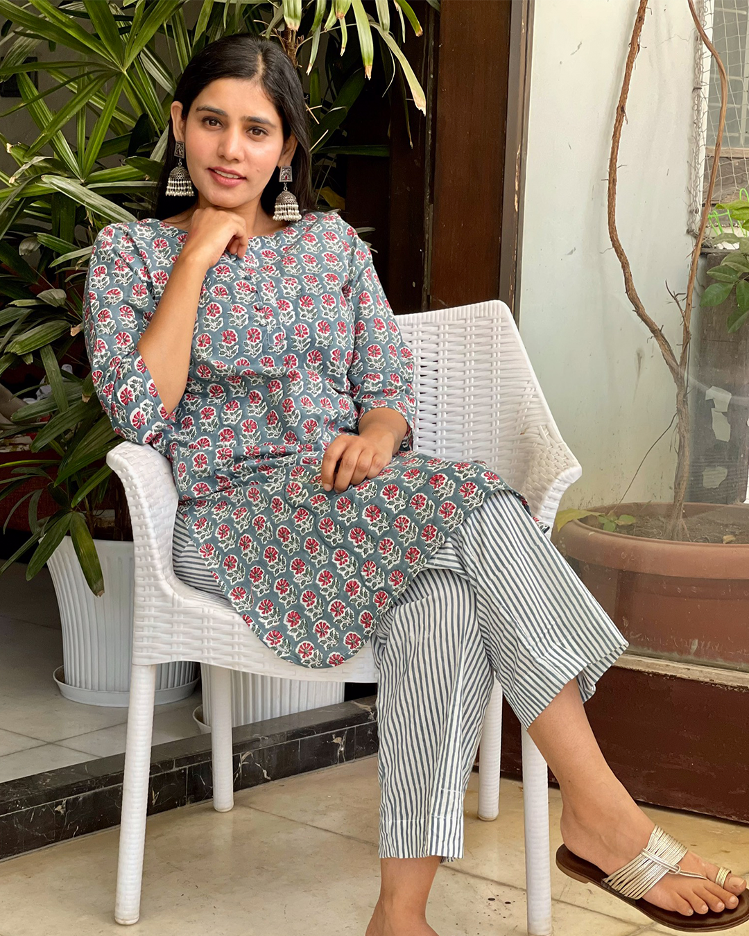 Cloud Grey Cotton Handblock Kurta Set