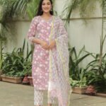 Pink Handblock Suit Set With Organza Work