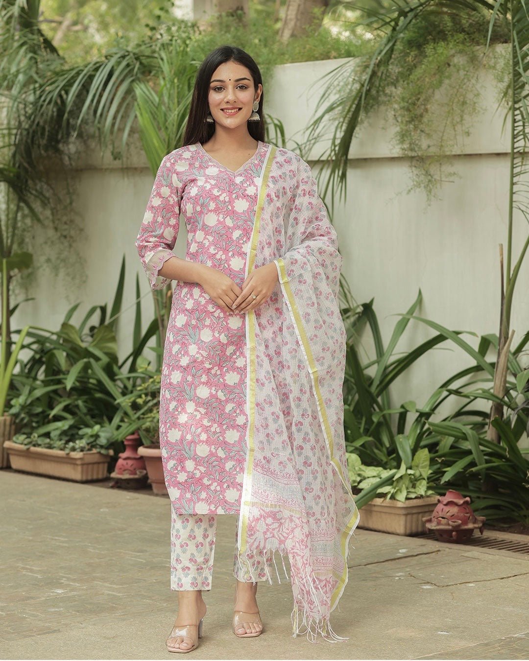 Pink Handblock Suit Set With Organza Work