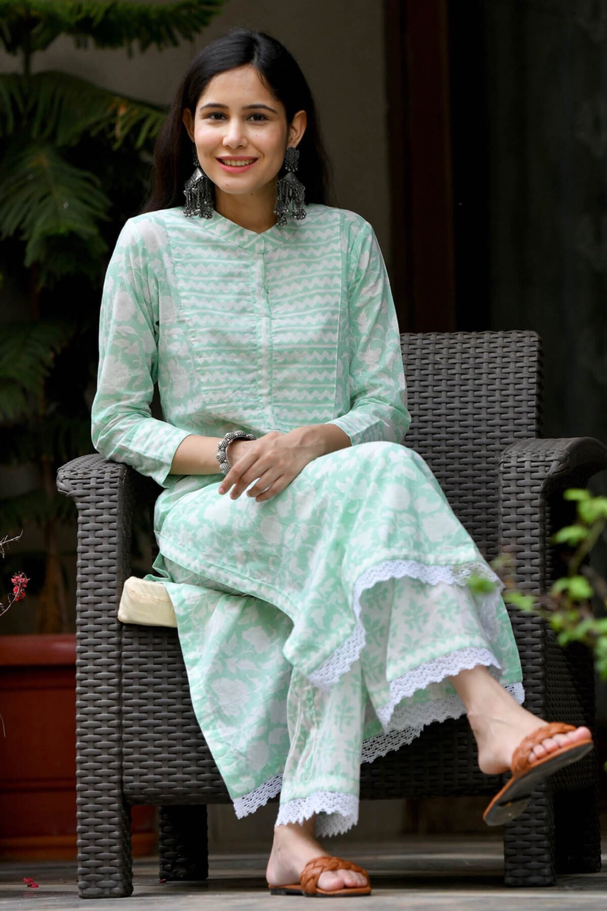 Sea Green Cotton Handblock Kurta Set