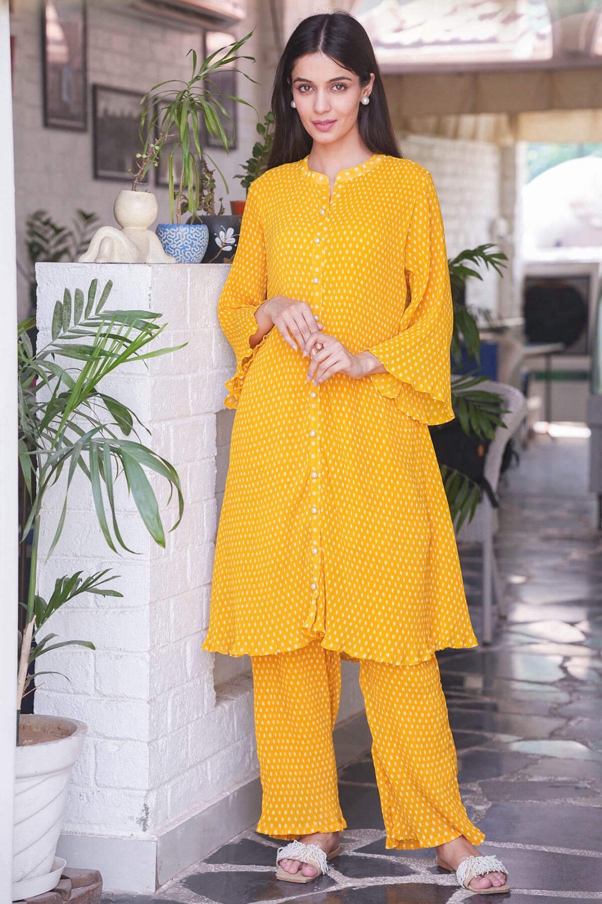 Mustard Polka Dot Pleated Georgette Co-Ord Set
