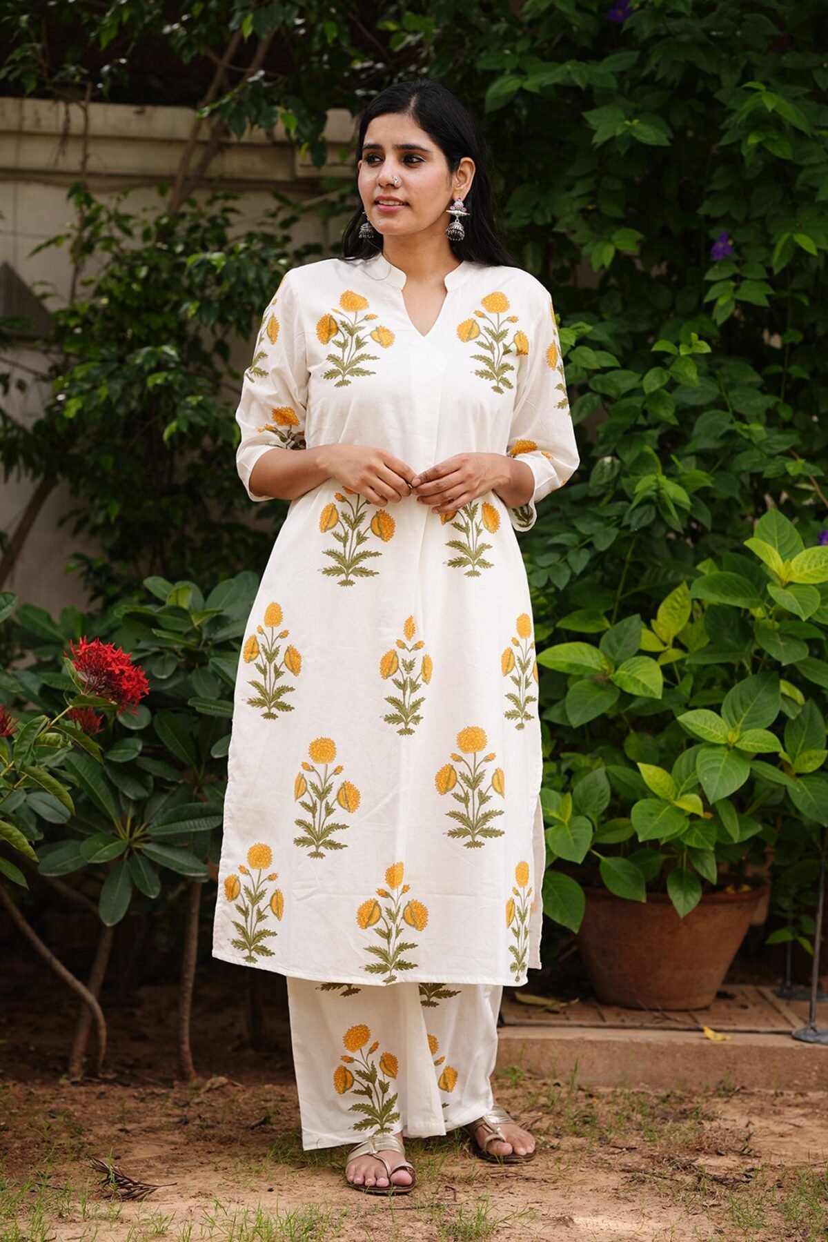 White & Yellow Handblock Kurta Set