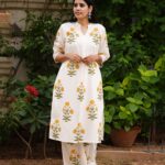 White & Yellow Handblock Kurta Set