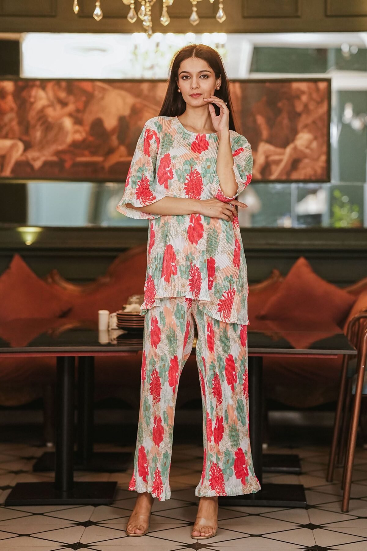 Multi Coloured Satin Pleated Co-Ord Set
