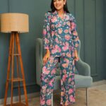 Teal Muslin Co-Ord Set With Multicolored Prints