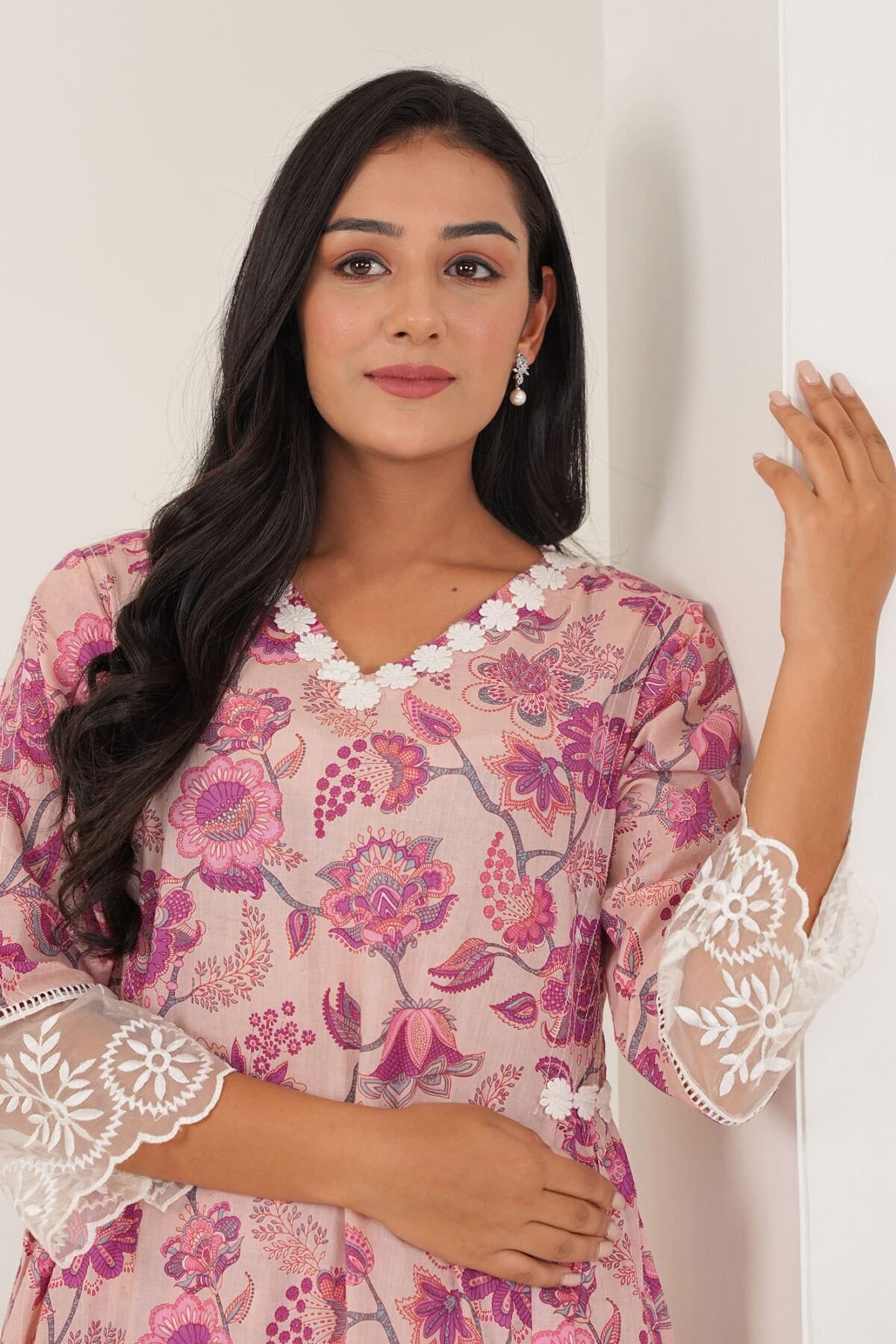 Pink Cotton Kurta Set With Organza Lace