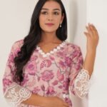 Pink Cotton Kurta Set With Organza Lace