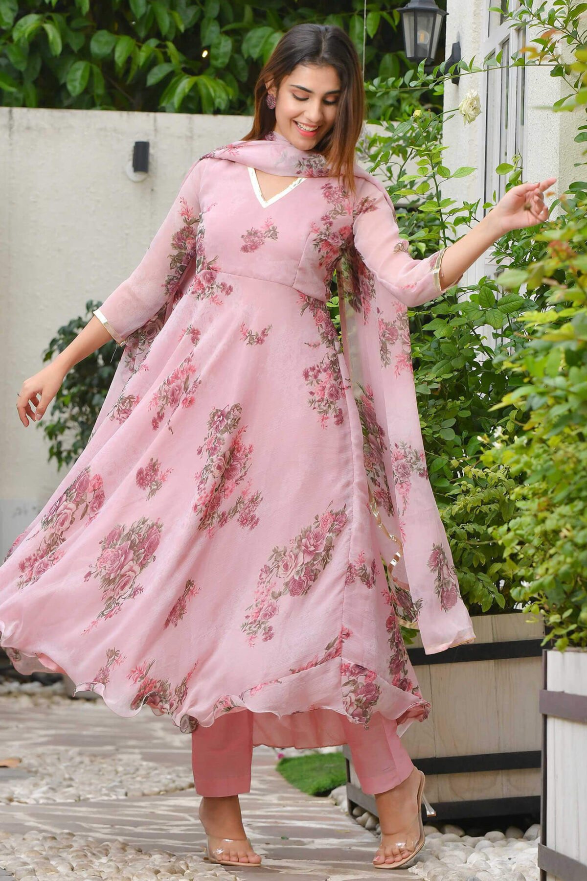 Pink Mauve Floral Chiffon Suit Set