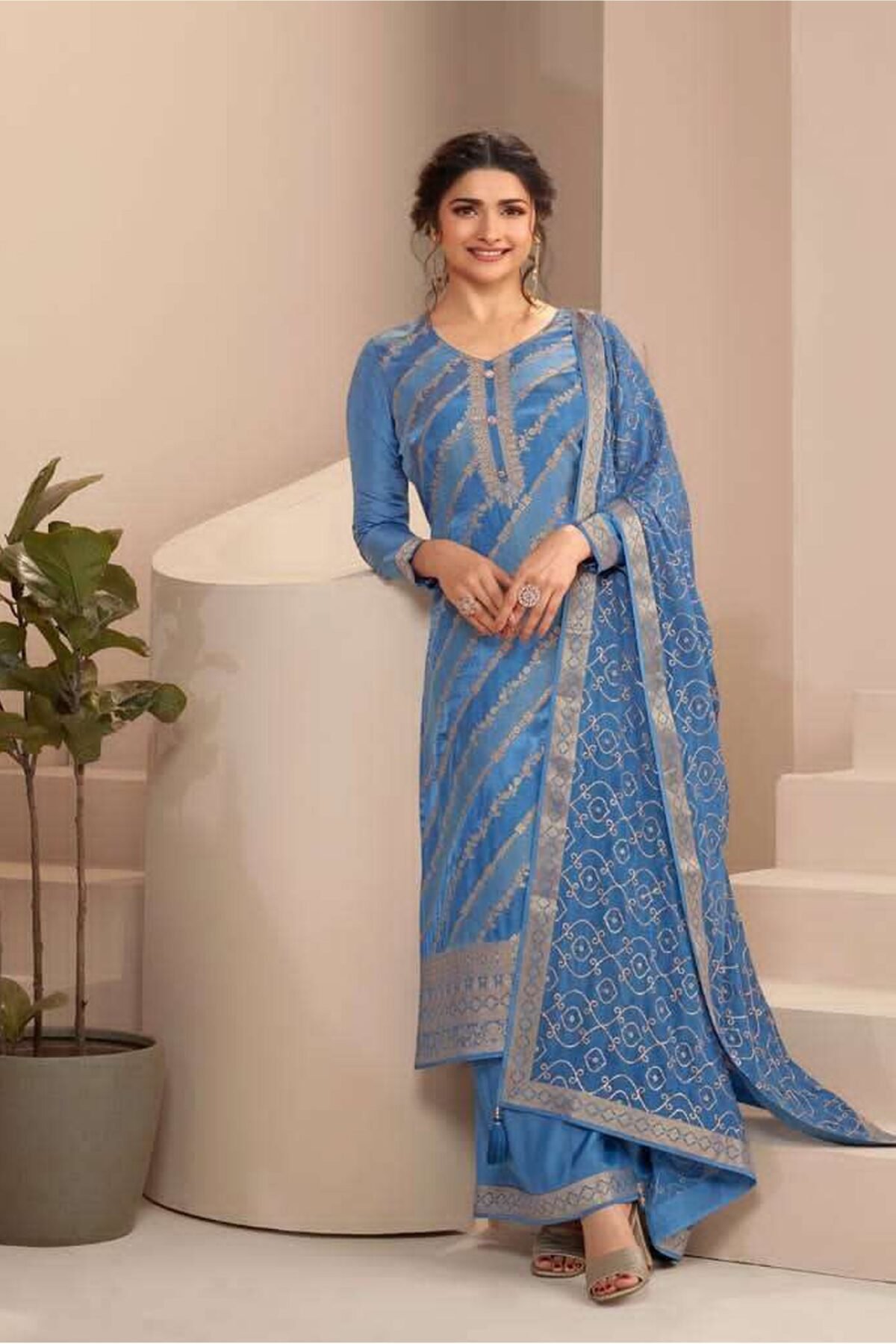 Cyan Blue Salwar Kameez With Embroidered