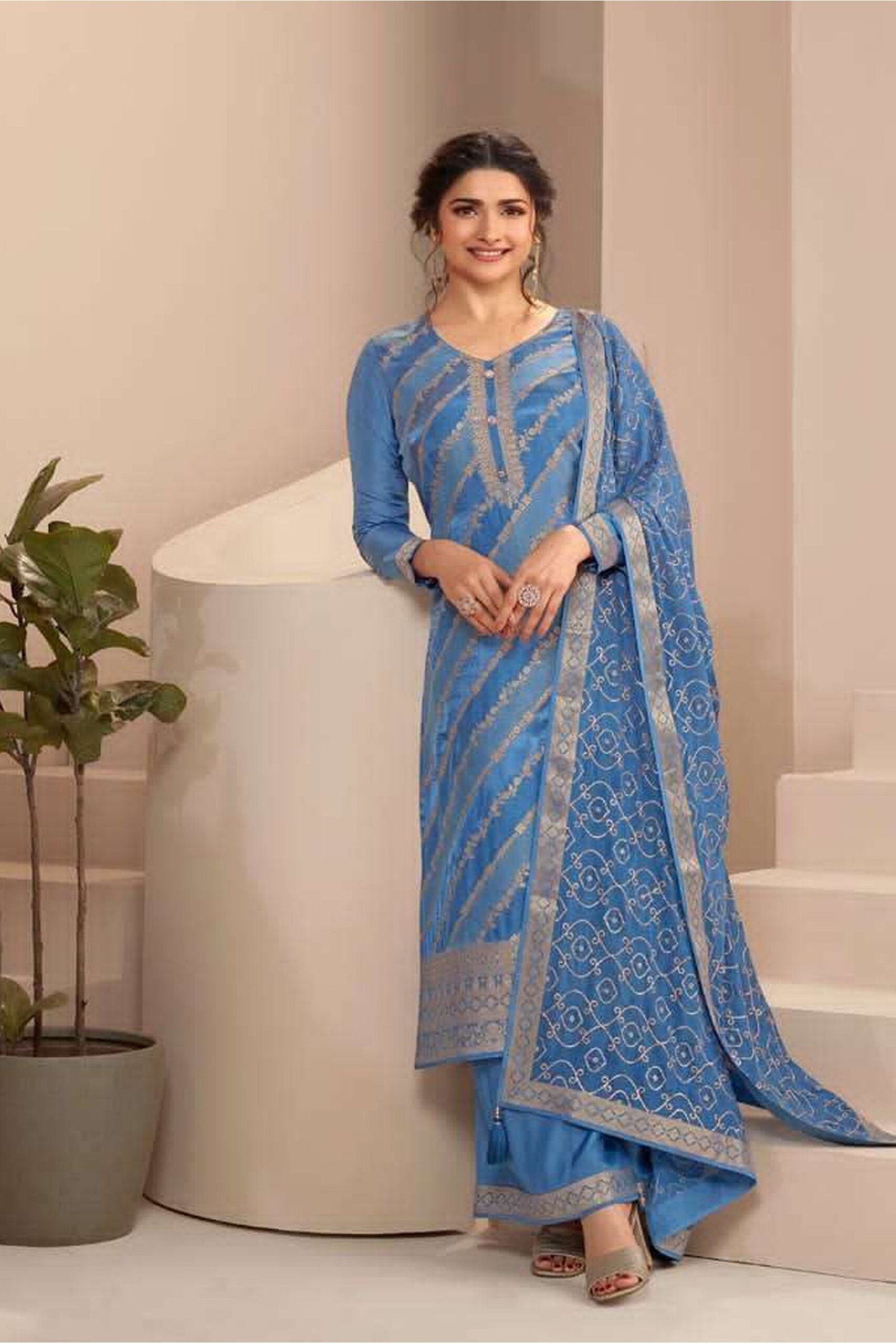 Cyan Blue Salwar Kameez With Embroidered