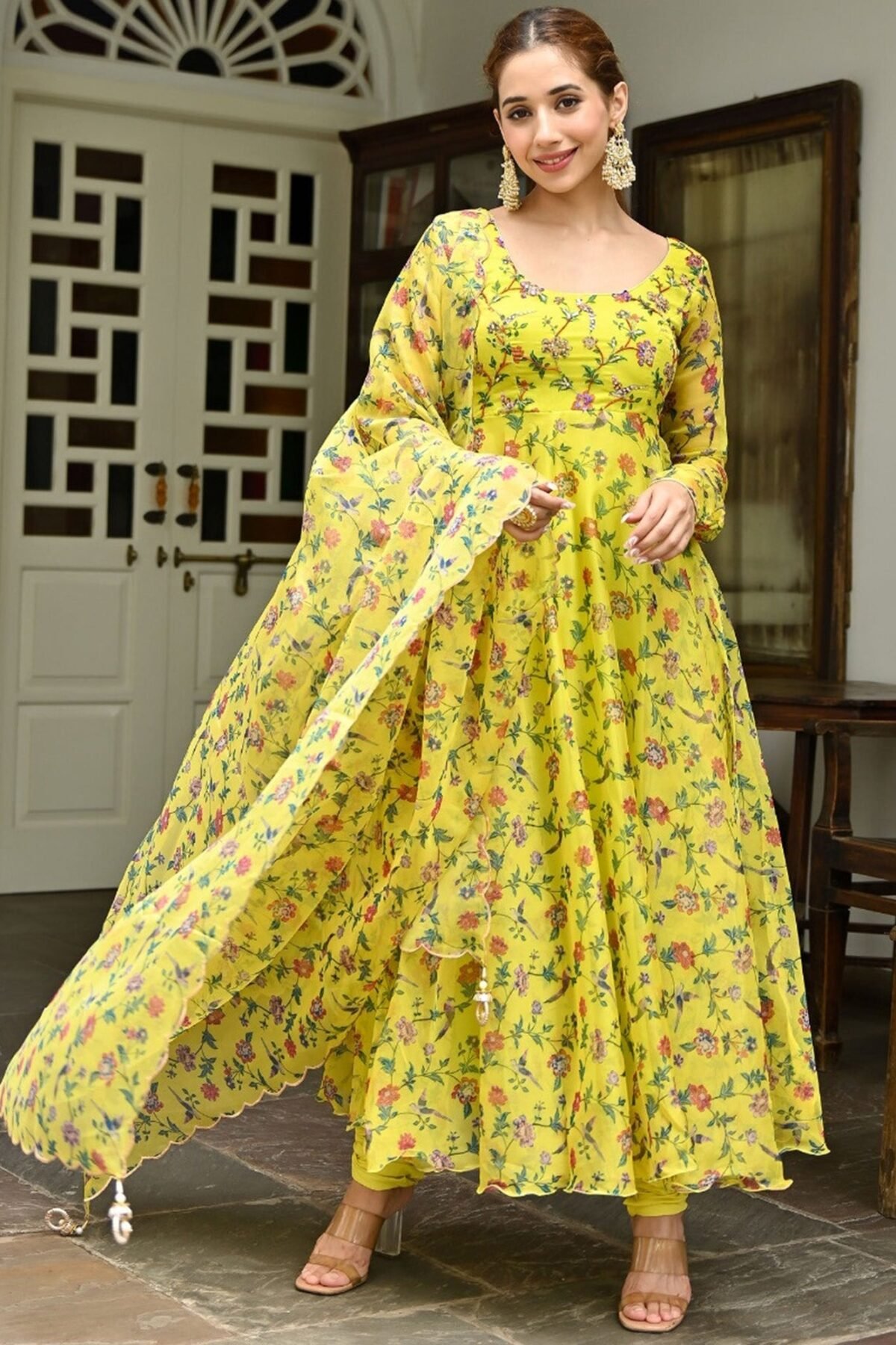 Yellow Printed Organza Anarkali Set