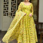 Yellow Printed Organza Anarkali Set