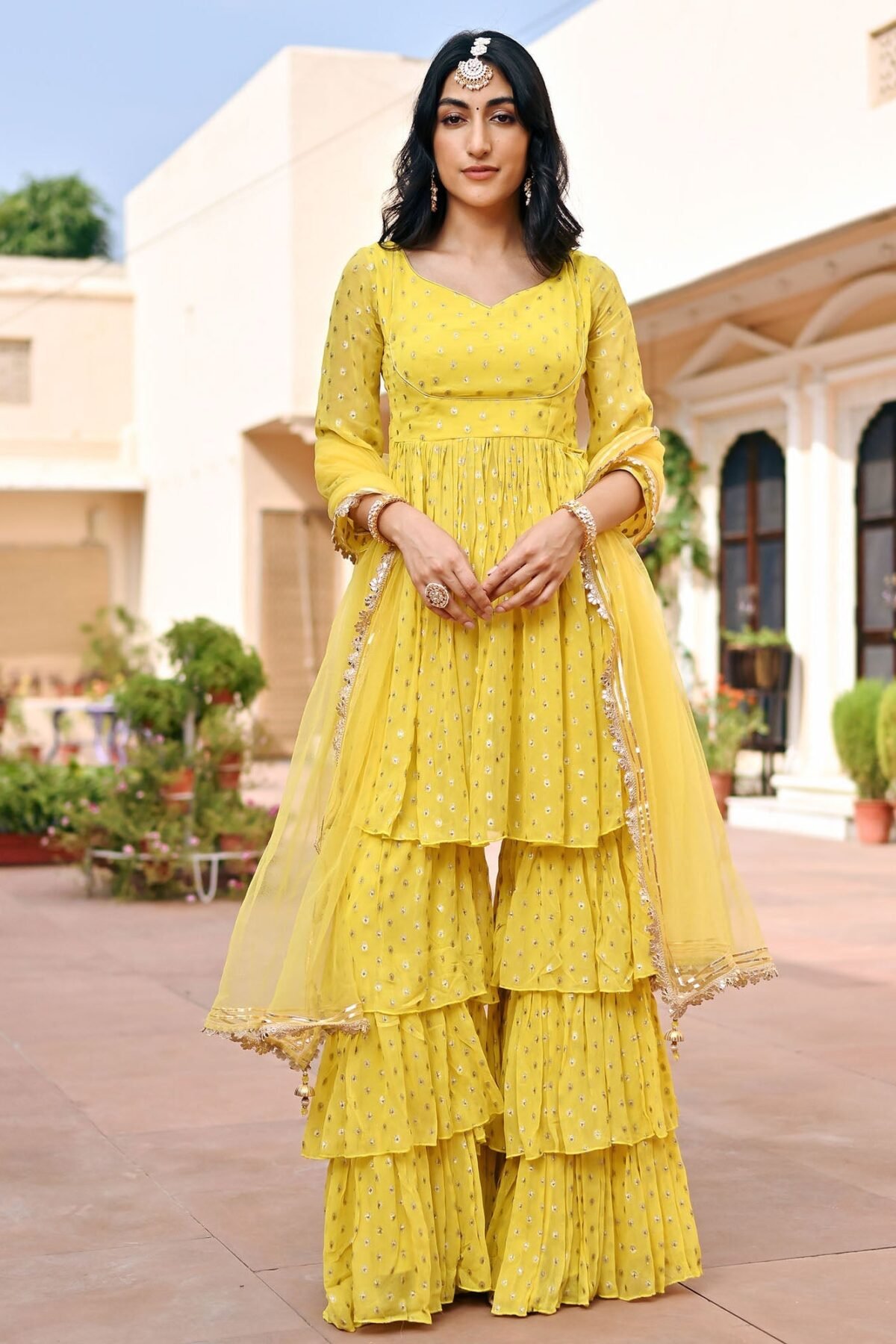 Yellow Georgette Sharara Set