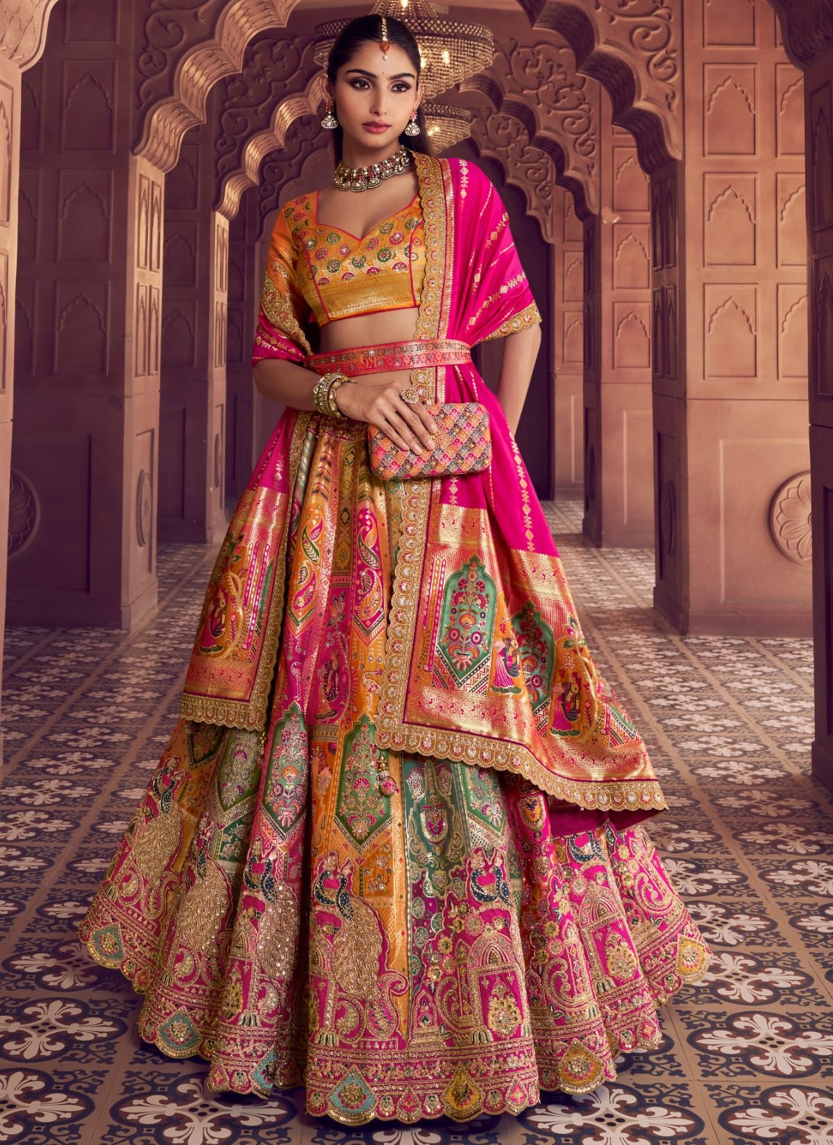 Multi-Color Royal Wedding Banarasi Lehenga Set With Sequin & Zari Work