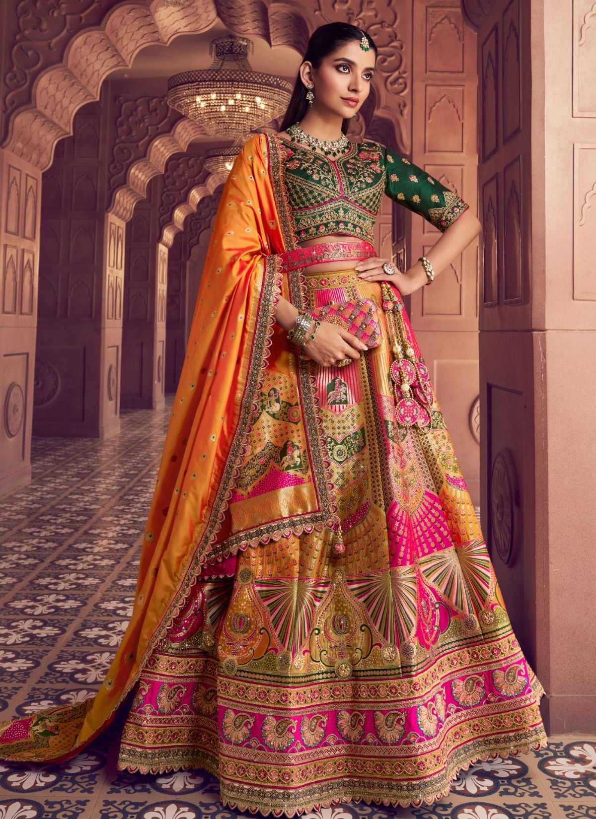 Multi-Color Royal Wedding Banarasi Lehenga Set With Sequin & Zari Work
