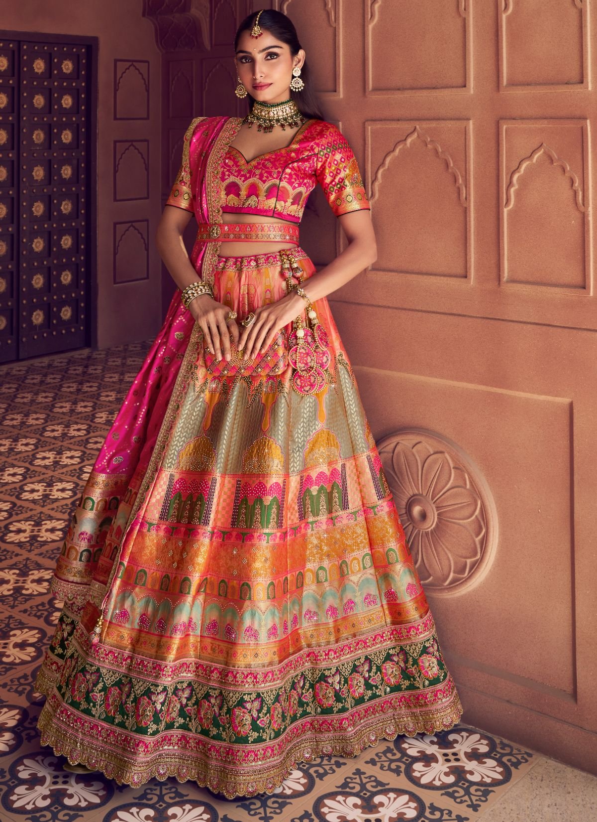 Multi-Color Royal Wedding Banarasi Lehenga Set With Sequin & Zari Work