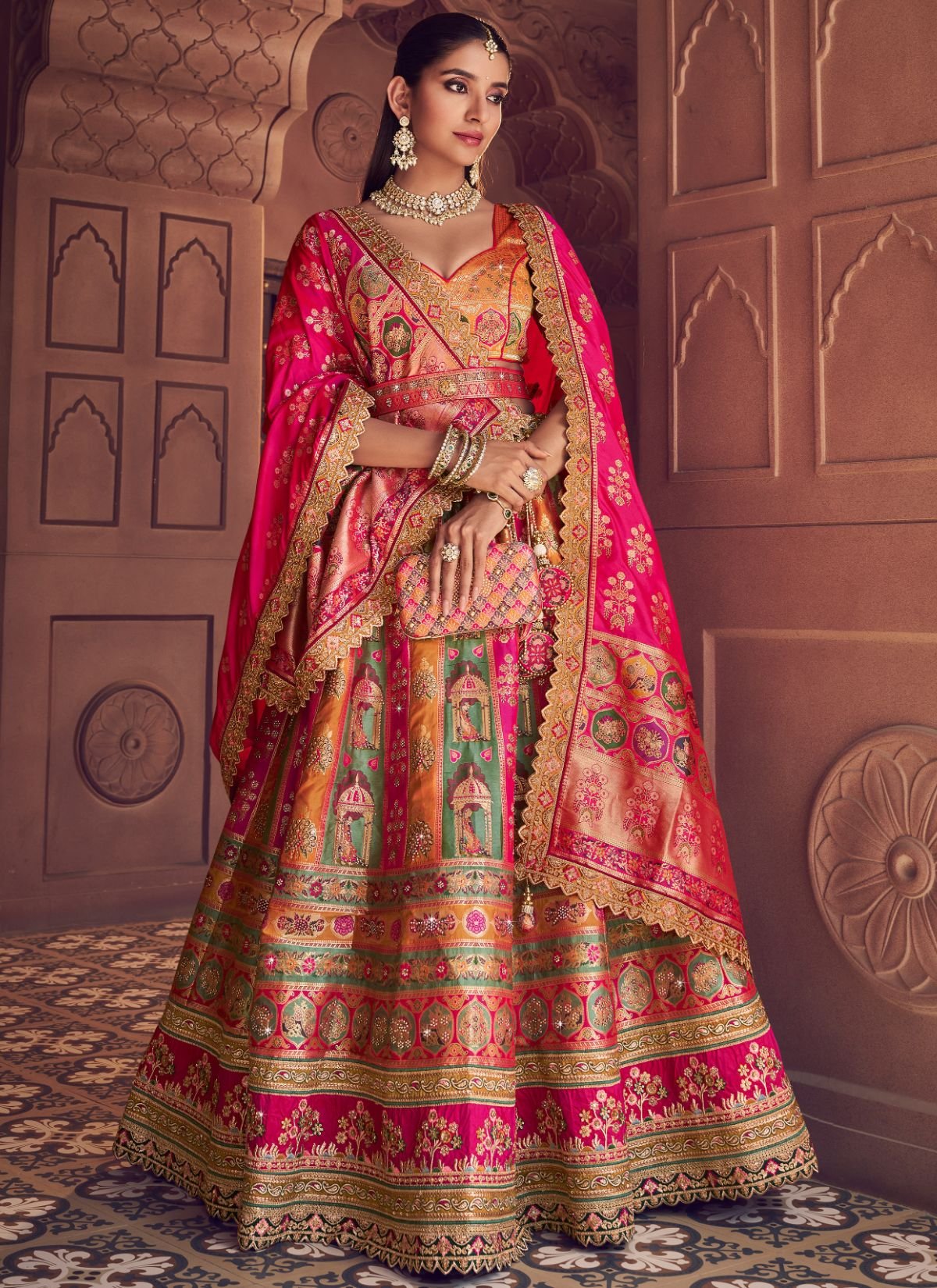 Multi-Color Royal Wedding Banarasi Lehenga Set With Sequin & Zari Work