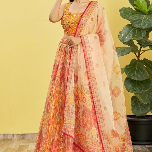 Yellow Real Mirror With Thread, Zari, Sequins Embroidered And Digital Print Work  Lehenga Choli With  Organza  Dupatta