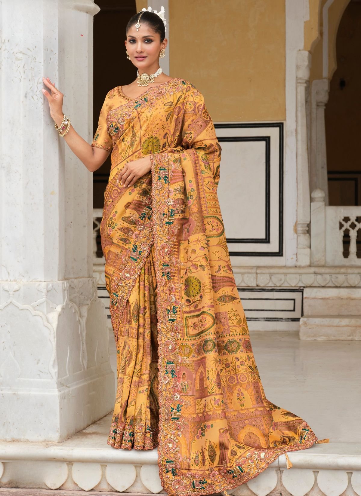 Honey Orange Designer Premium Silk Saree With Heavy Work