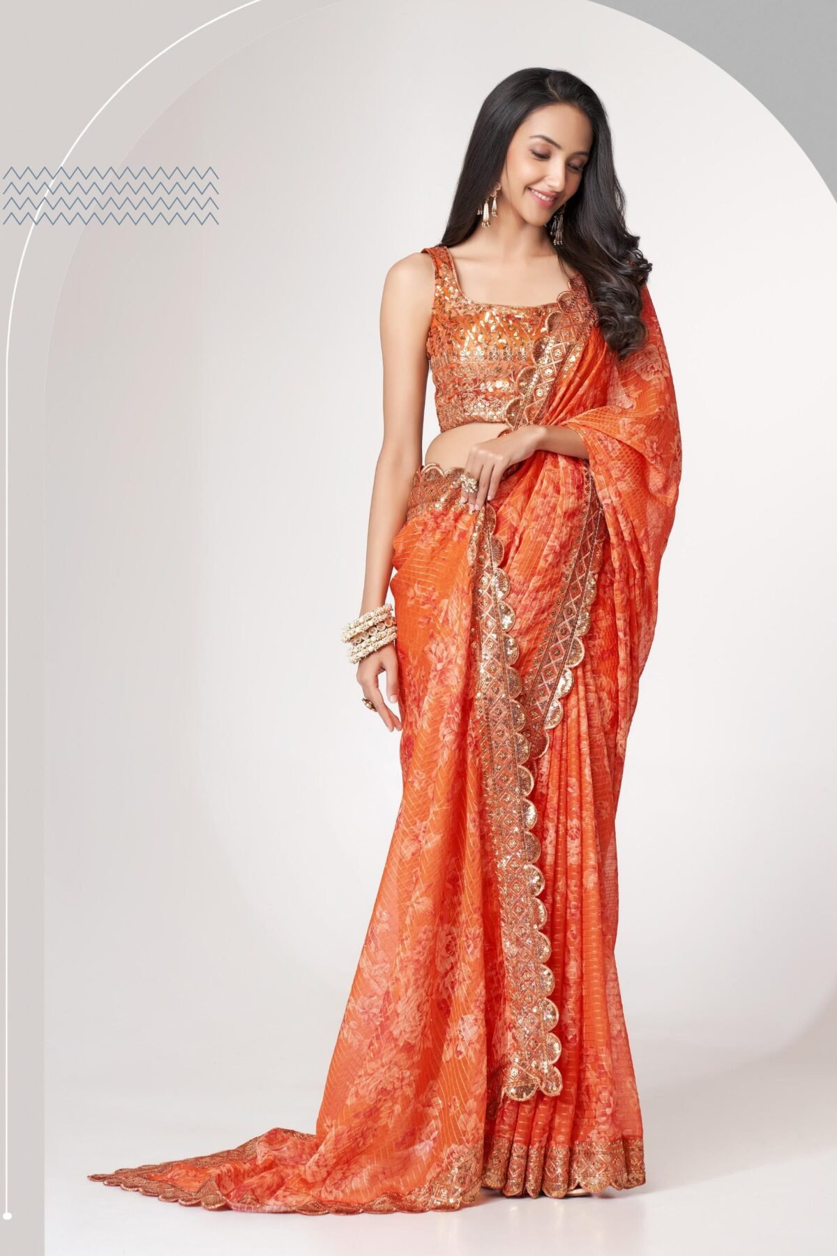 Orange Organza Digital Silk Sequin Saree
