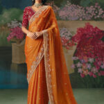 Carrot Orange Wedding & Party Fancy Saree With Premium Blouse Piece