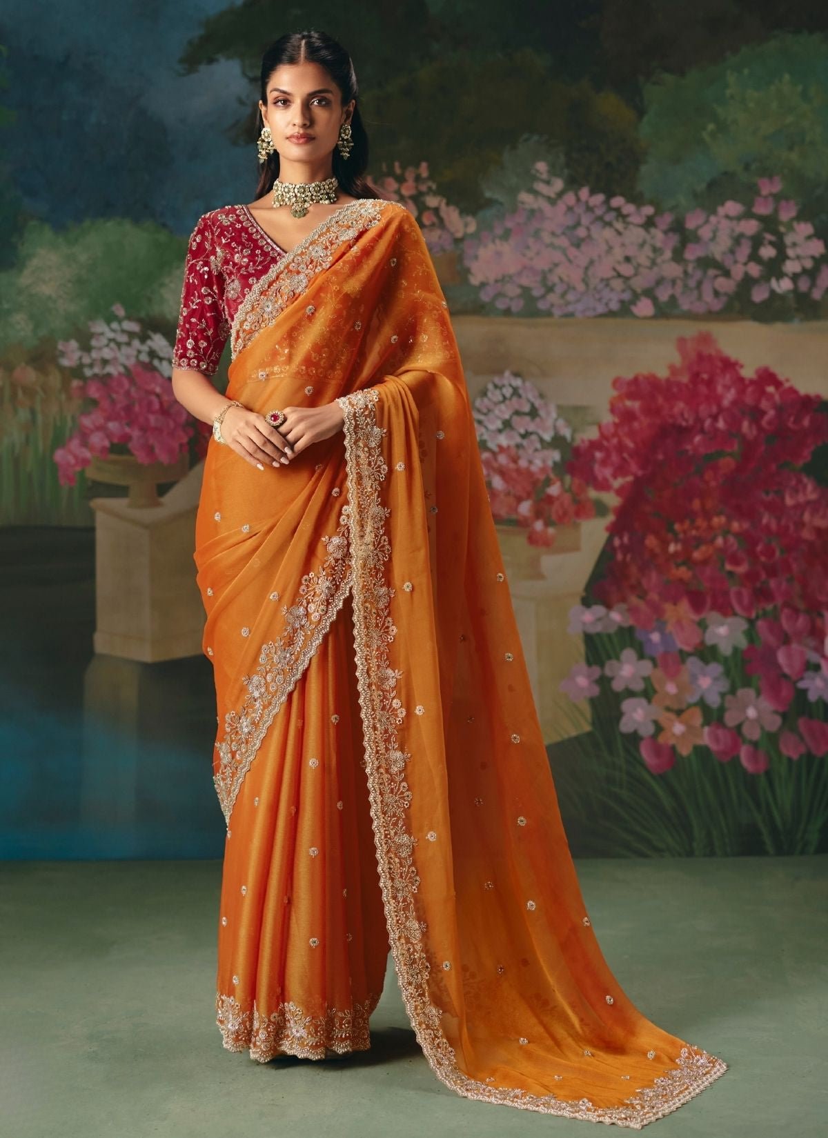 Carrot Orange Wedding & Party Fancy Saree With Premium Blouse Piece