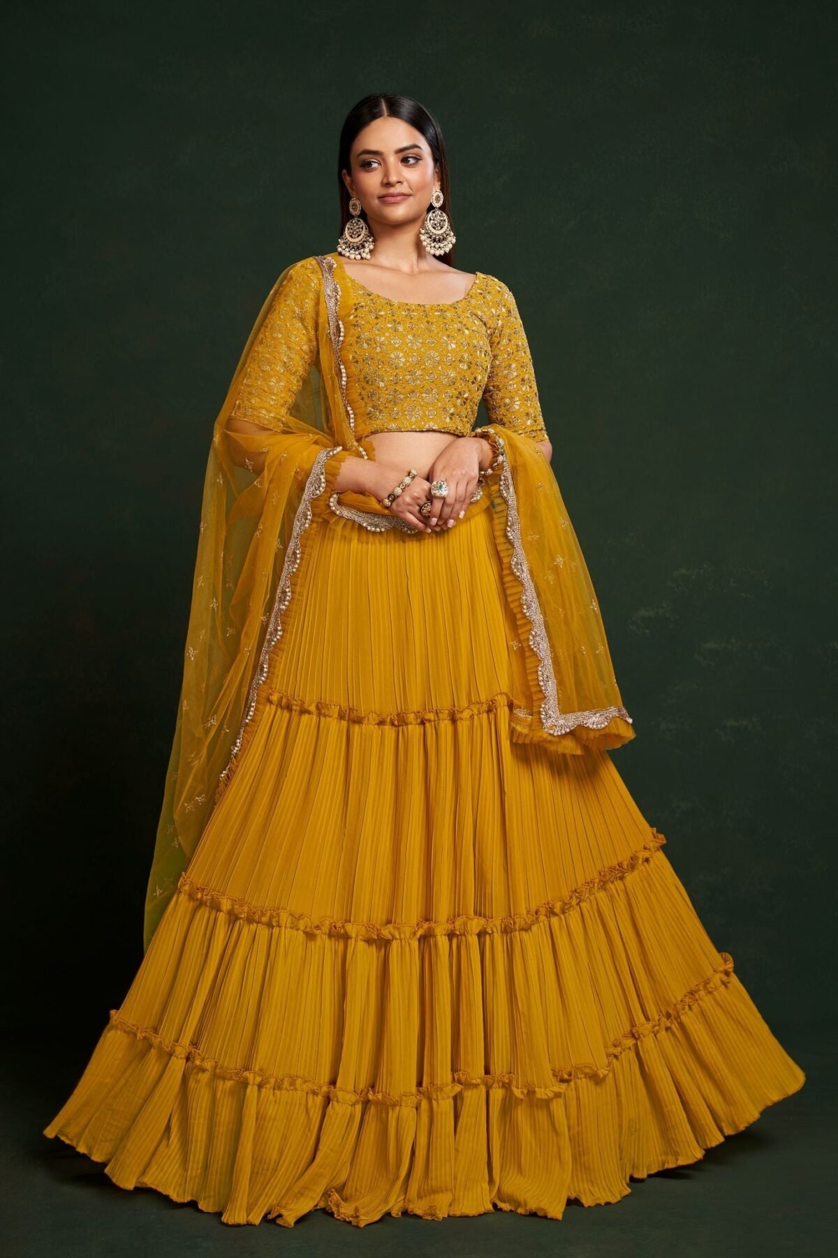 Yellow   Thread And  Sequins Embroidery Work  Lehenga Choli With Net  Dupatta