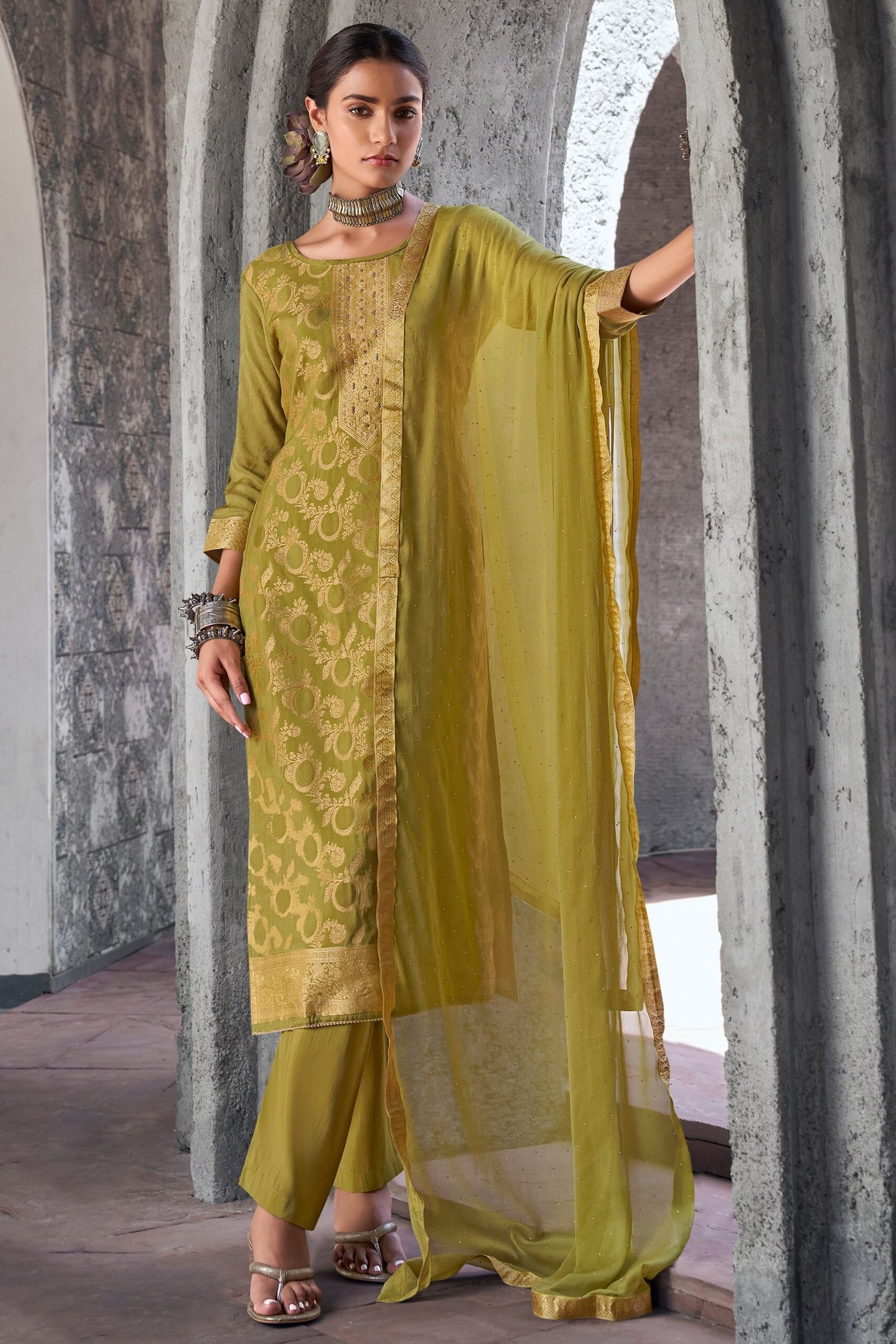 Yellow Party Wear Salwar Kameez With Handwork Details