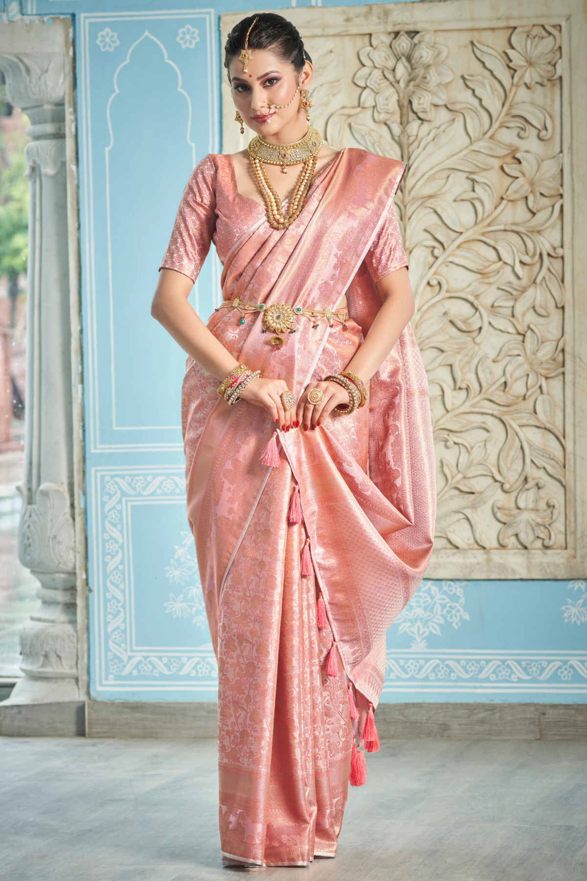 Candlelight Peach Banarasi Silk Wedding Saree With Blouse Piece