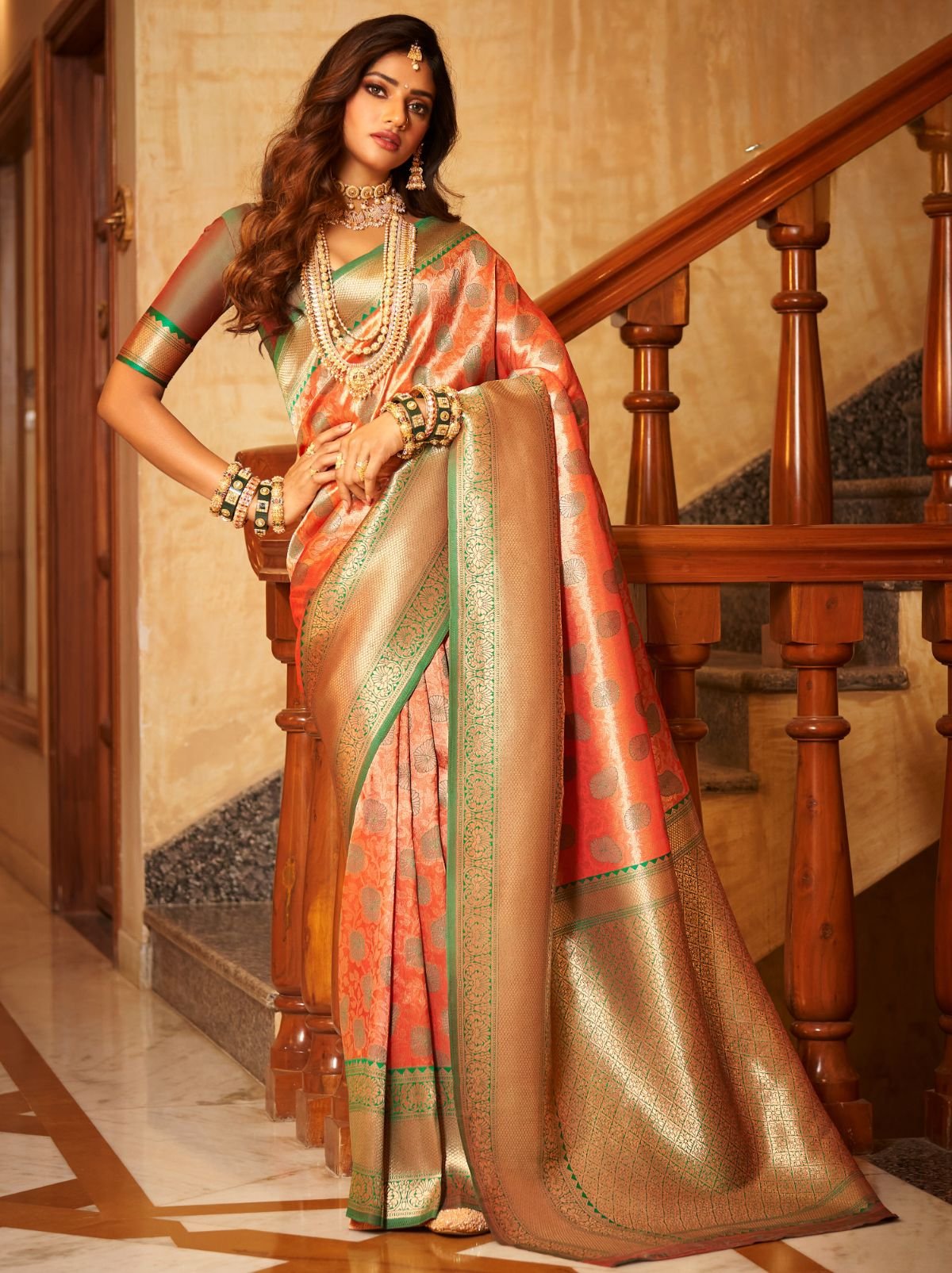 Peach Orange Premium Banarasi Designer Saree