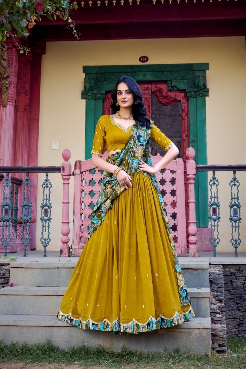 Mustard Yellow Sequins Work Lehenga Choli With Kalamkari Print Dupatta