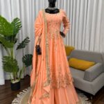 Light Orange Chinon Silk Anarkali Lehenga Set with Thread & Sequence Work