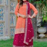 Light Orange Faux Georgette Sequin Embroidered Plazo Suit Set